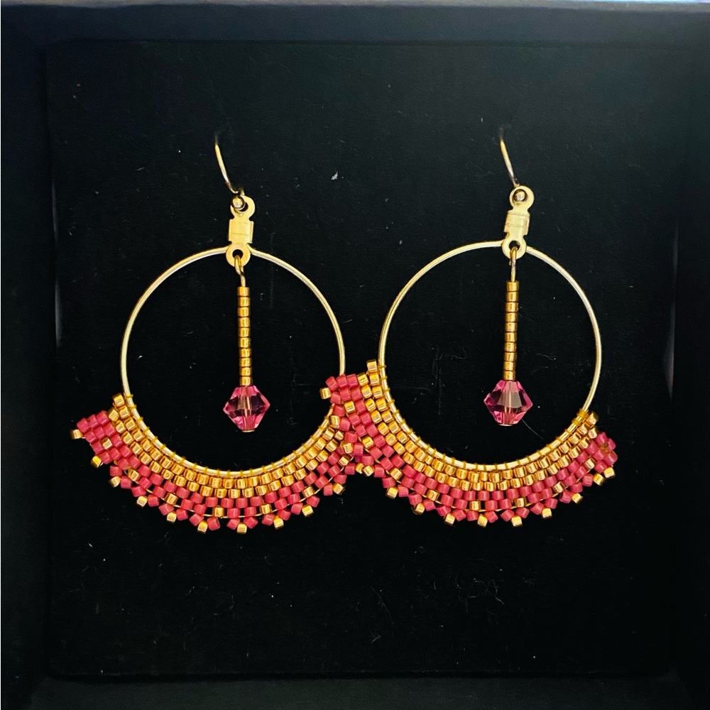 Elegant Gold and Pink Beaded Hoop Earrings